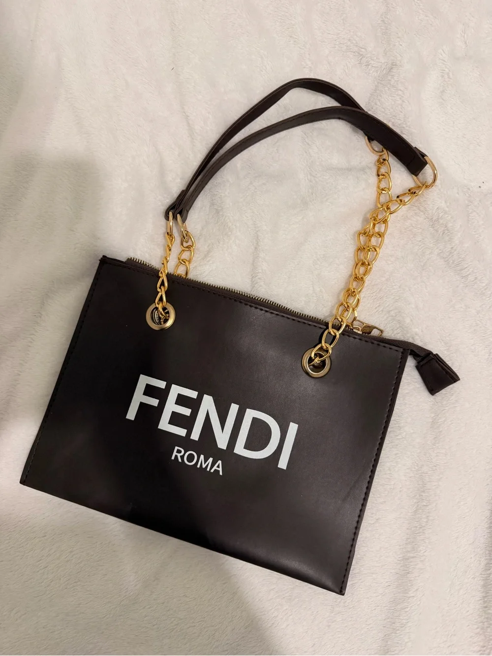 Fendi Black Leather Shoulder Bag with White Logo and Gold Chain